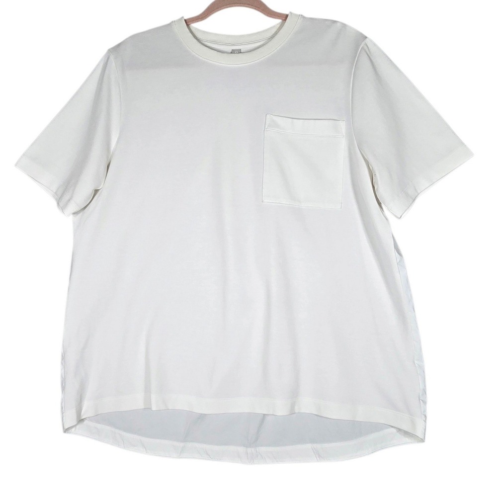 Athleta Top Womens L White Mixed Media High Low Hem Pocket Short Sleeve Shirt